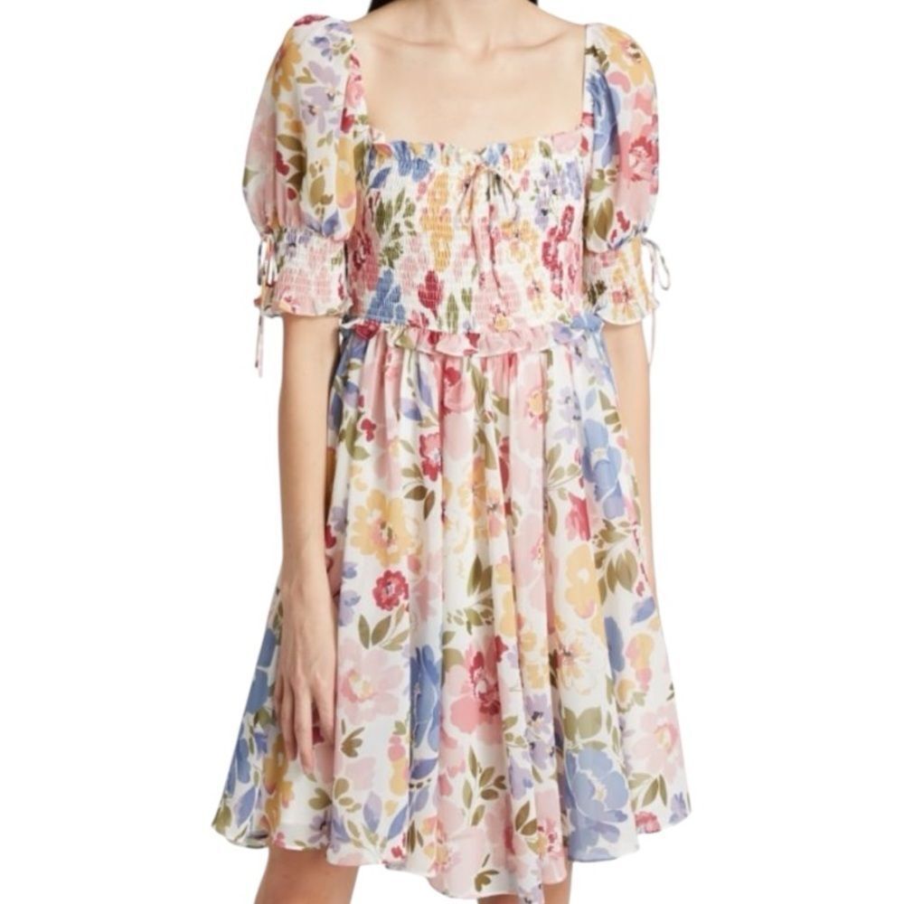 En Saison Pastel Floral Square-Neck Puff Sleeve Dress